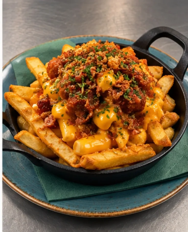 Beef brisket loaded fries with peppercorn sauce and crispy onions