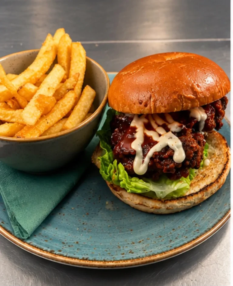 Buffalo fried chicken burger with fries
