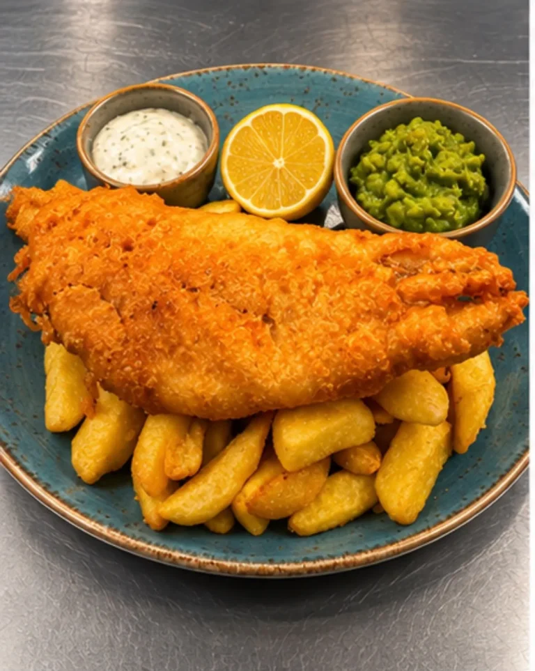 Fish and chips with mushy peas, tartare sauce and lemon