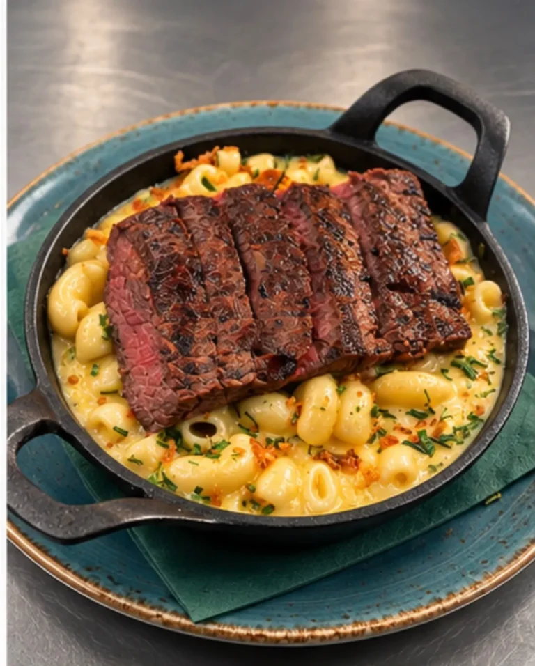 Home-made mac and cheese topped with sliced steak
