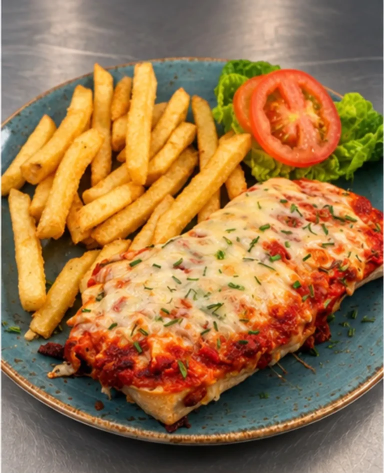 Kids ciabatta pizza with fries and salad