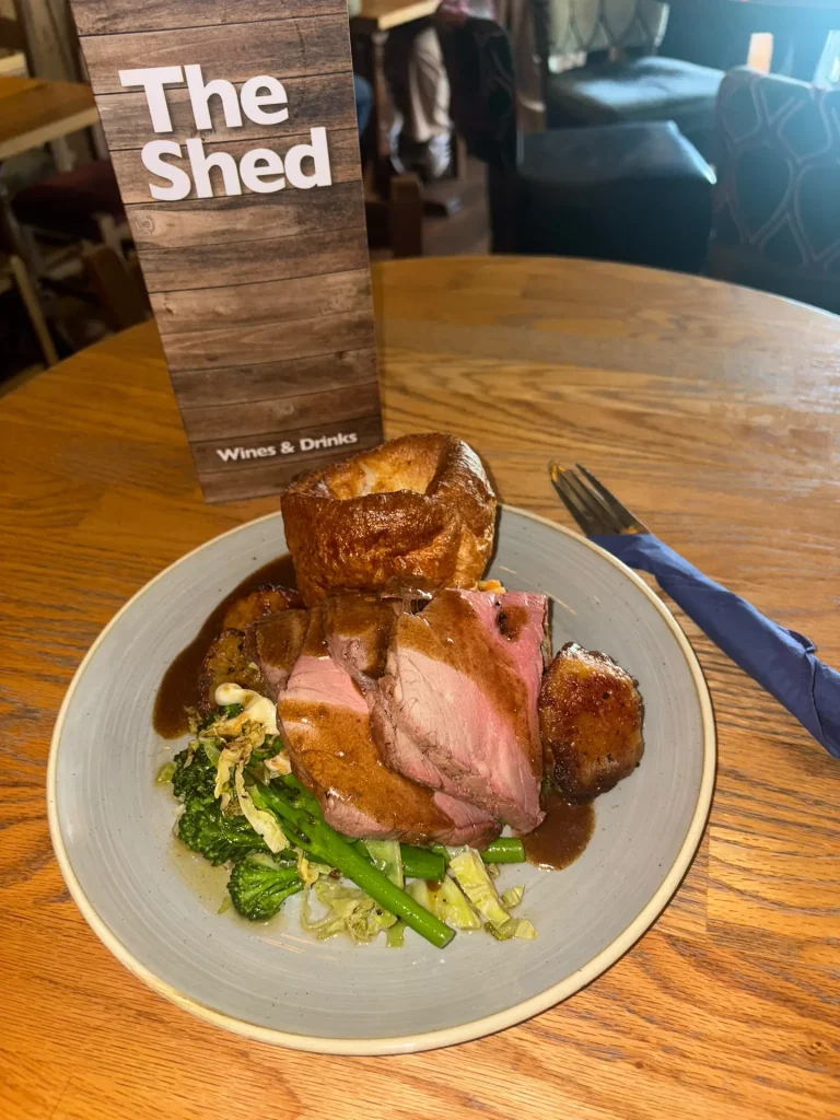 Sunday roast with Yorkshire pudding, greens and gravy